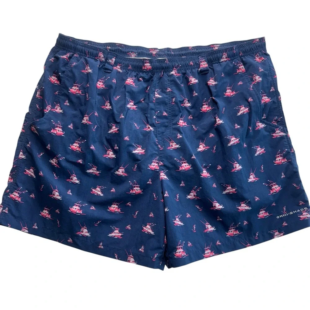 Columbia PFG Blue w/ Pink Sail Boats Swim Trunks Fishing Mesh Shorts Men XXL 134